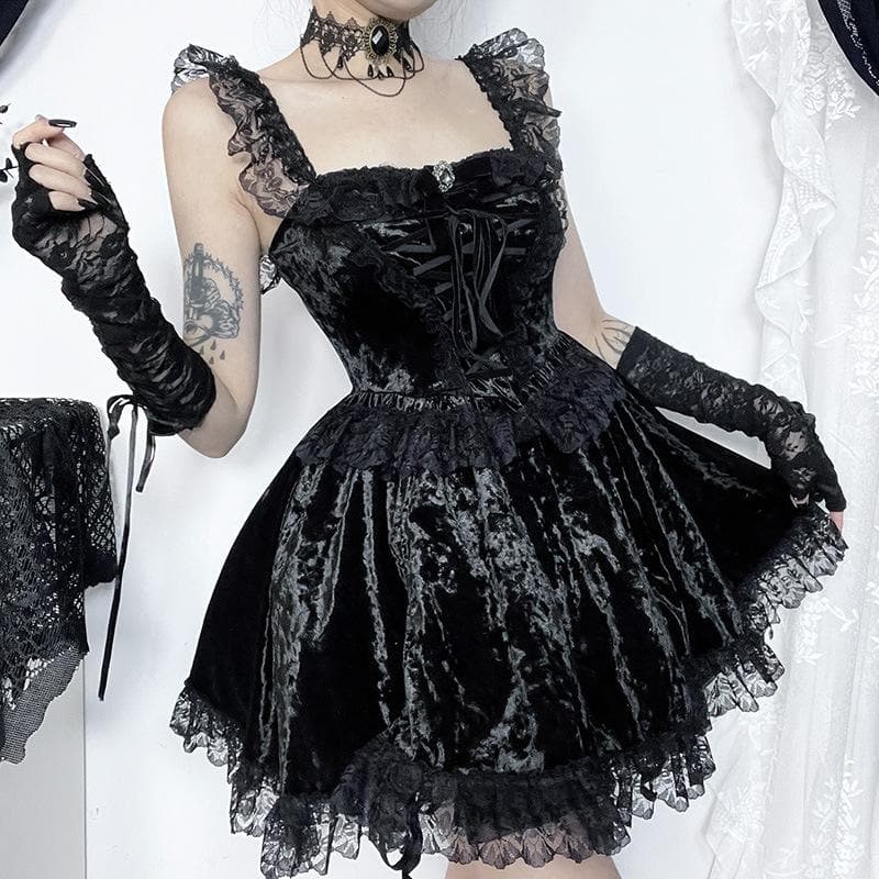 Sleeveless Velvet Lace Hem Ruffle Lace-Up Mini Dress