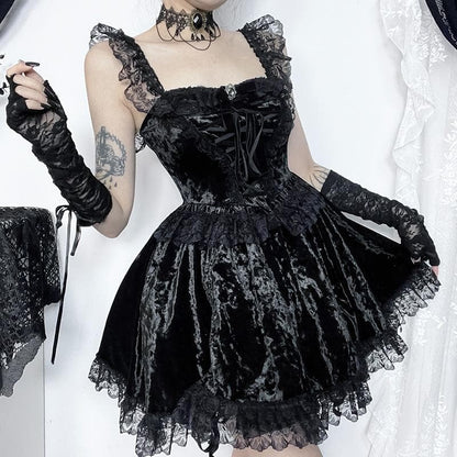 Sleeveless Velvet Lace Hem Ruffle Lace-Up Mini Dress