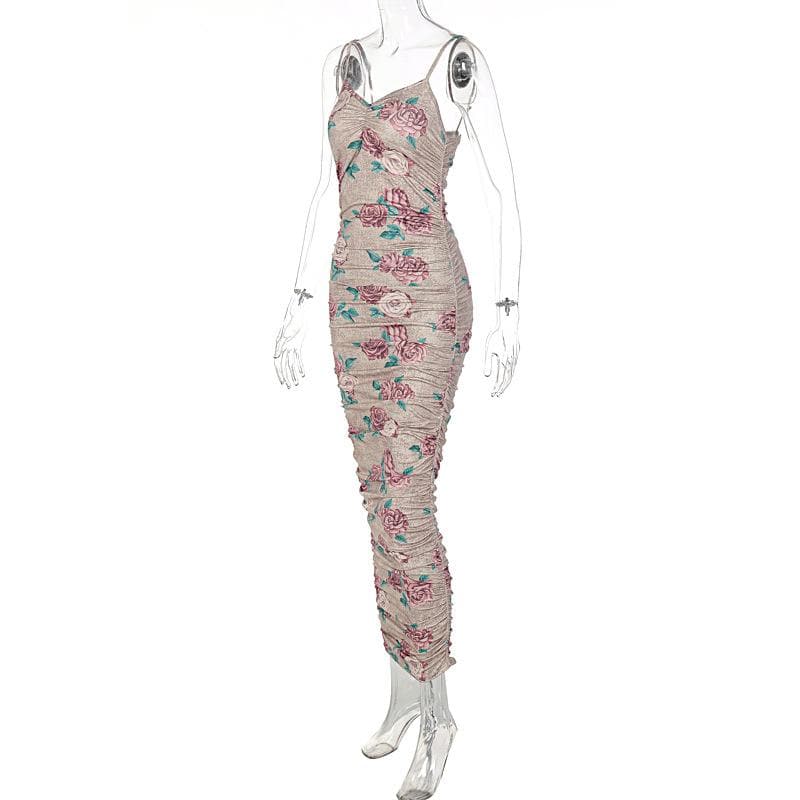 V-Neck Spaghetti Strap Floral Print Ruched Bodycon Midi Dress
