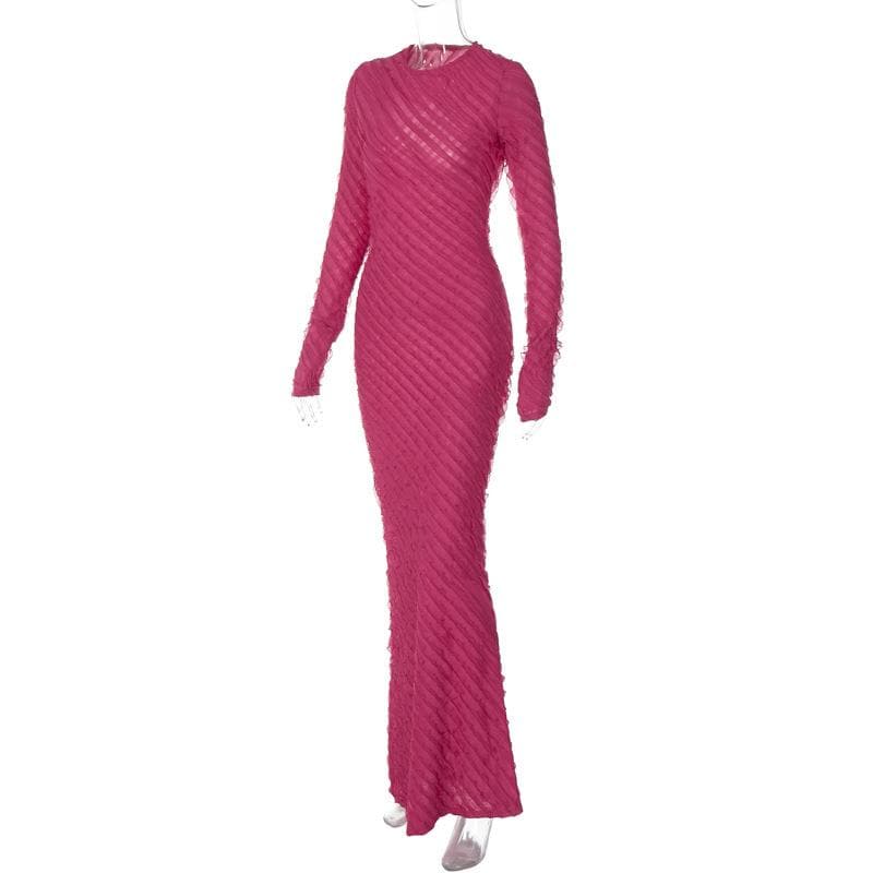 Crew Neck Long Sleeve Diagonal Ruffle Trim Bodycon Maxi Dress