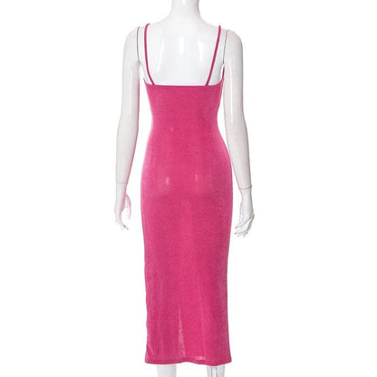 Square Neck Spaghetti Strap Knot Detail High Slit Backless Cami Midi Dress