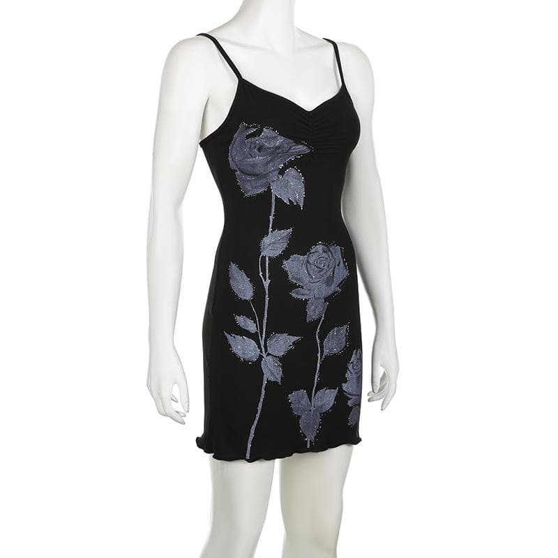 Print Ruched V Neck Spaghetti Strap Lettuce Hem Mini Dress