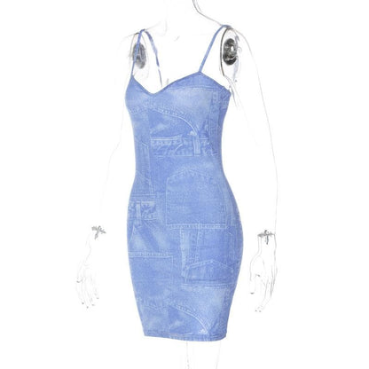 Sweetheart Spaghetti Strap Denim Patchwork Print Bodycon Mini Dress