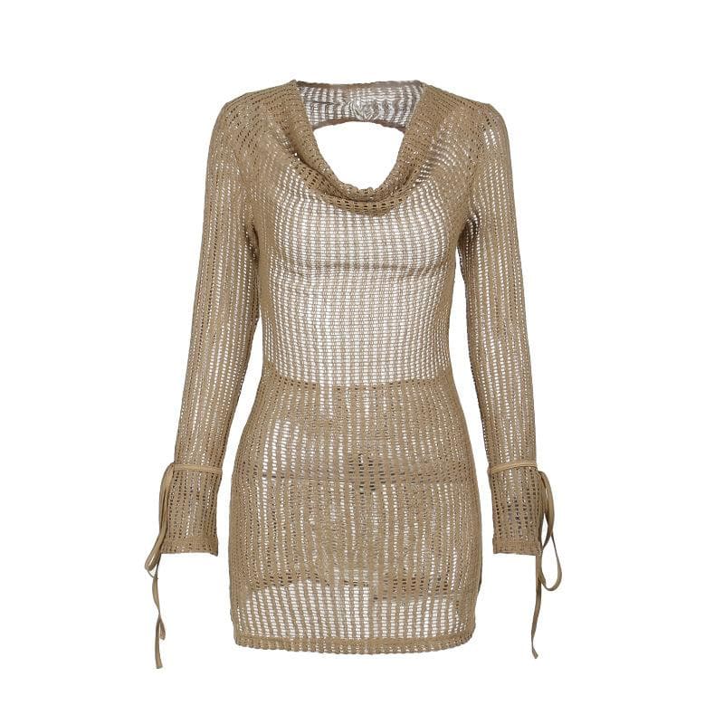 Cowl Neck Open Knit Tie Cuff Long Sleeve Hollow Out Mini Dress