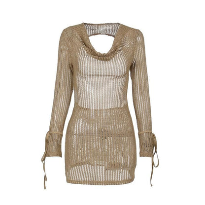 Cowl Neck Open Knit Tie Cuff Long Sleeve Hollow Out Mini Dress