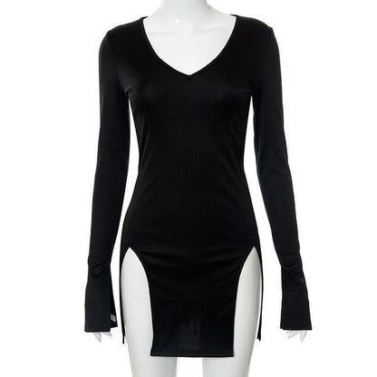 Deep V Neck Long Sleeve Dual Front Slit Bodycon Mini Dress