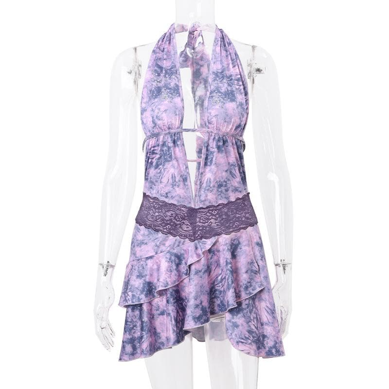 Halter Deep V Neck Lace Waist Ruffle Skirt Tie Dye Mini Dress