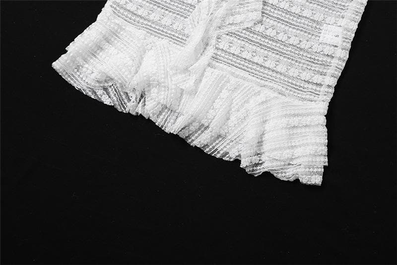 Off-Shoulder Sheer Lace Stripe Ruffle Trim Center Ruffle Long Sleeve Mini Dress