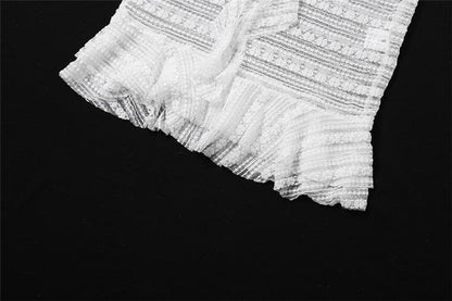Off-Shoulder Sheer Lace Stripe Ruffle Trim Center Ruffle Long Sleeve Mini Dress