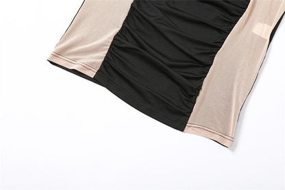 Round Neck Sleeveless Mesh Panel Ruched Illusion Bodycon Midi Dress