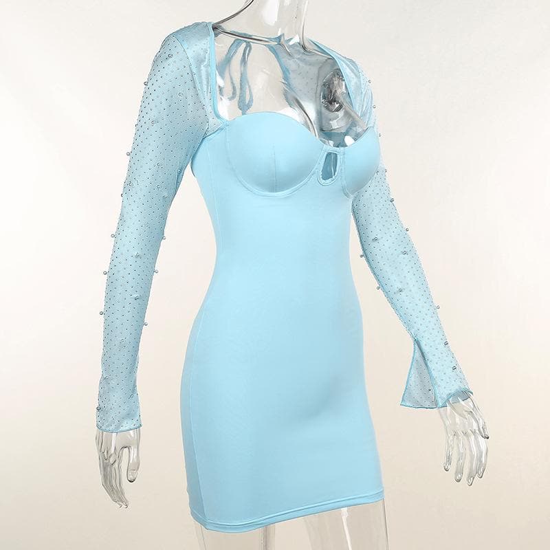 Hollow Out Beaded Mesh Sleeve Sweetheart Keyhole Ruched Zip Mini Dress
