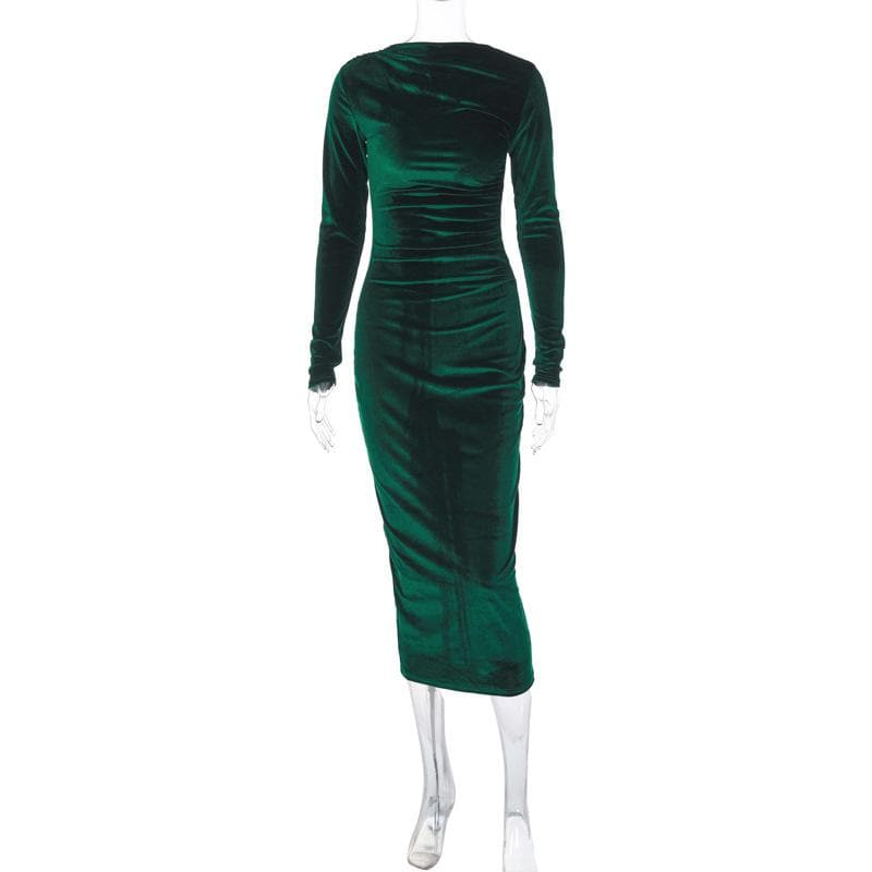 Crew Neck Ruched Velvet Long Sleeve Bodycon Midi Dress