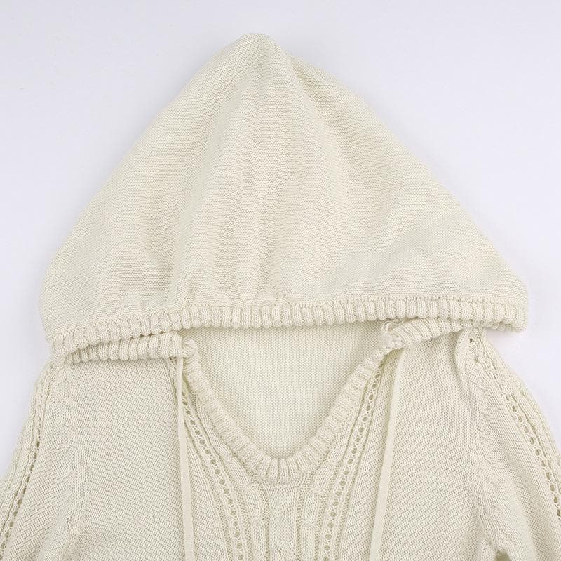 Cable Knit Hooded Pom Drawstring Long Sleeve Mini Dress