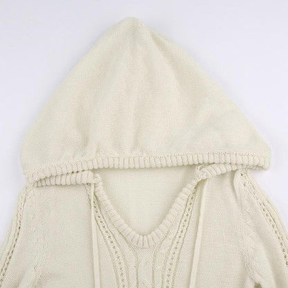 Cable Knit Hooded Pom Drawstring Long Sleeve Mini Dress