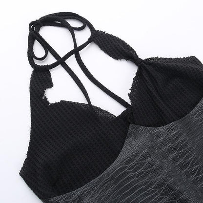 Halter Sweetheart Croc Embossed Corset Panel Shredded Hem Mini Dress
