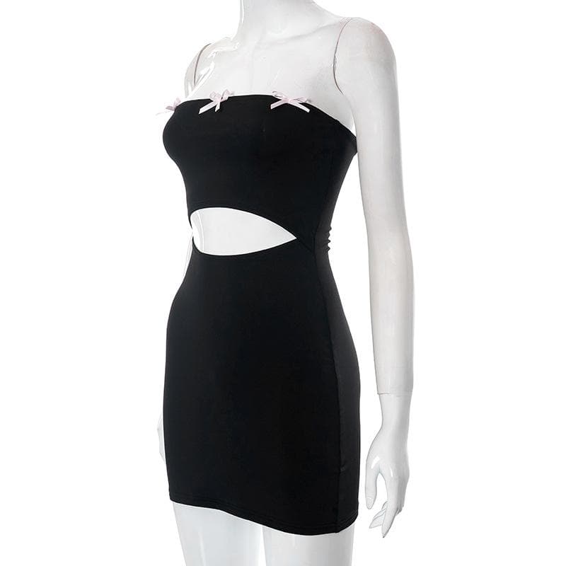 Strapless Bow Trim Midriff Cutout Bodycon Mini Dress