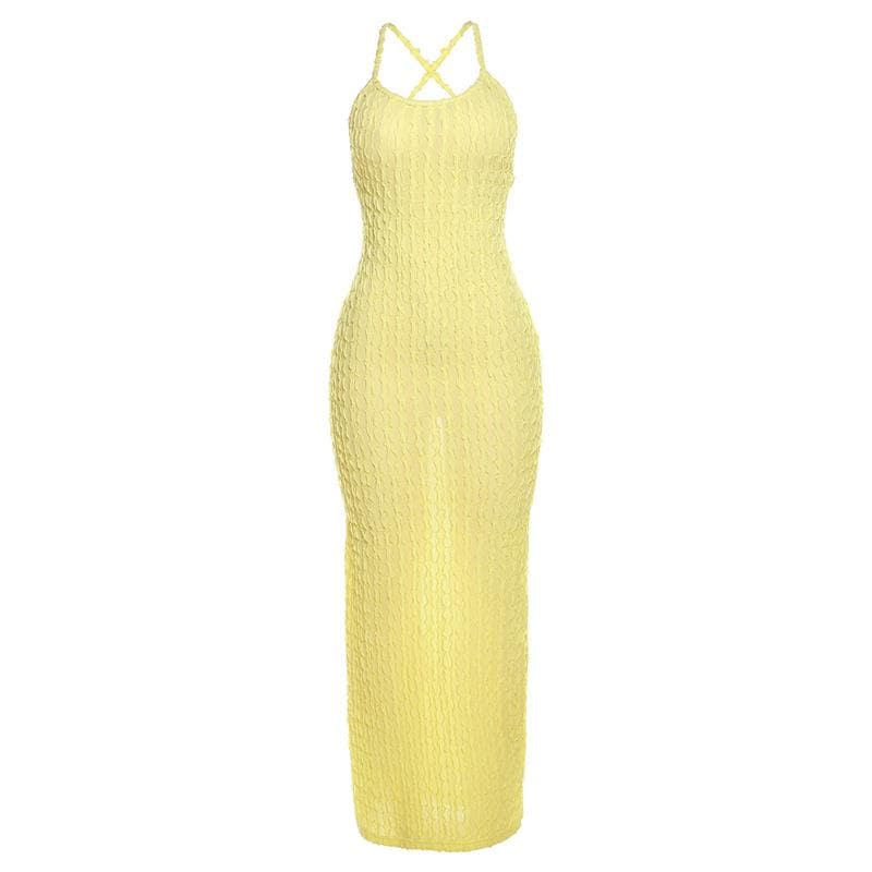 Scoop Neck Cross Back Self Tie Textured Maxi Dress