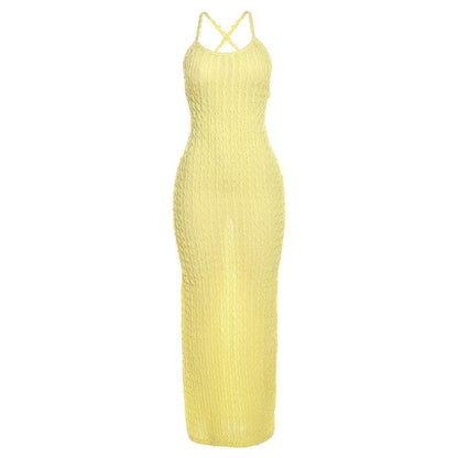 Scoop Neck Cross Back Self Tie Textured Maxi Dress