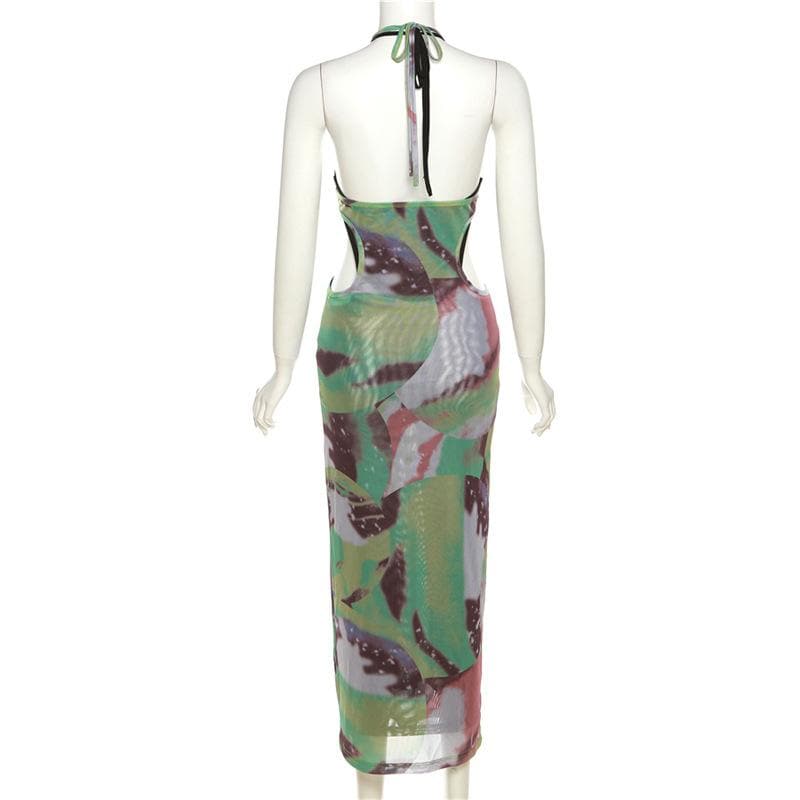 Abstract Print Halter Mesh Inset Side Cutout Bodycon Maxi Dress