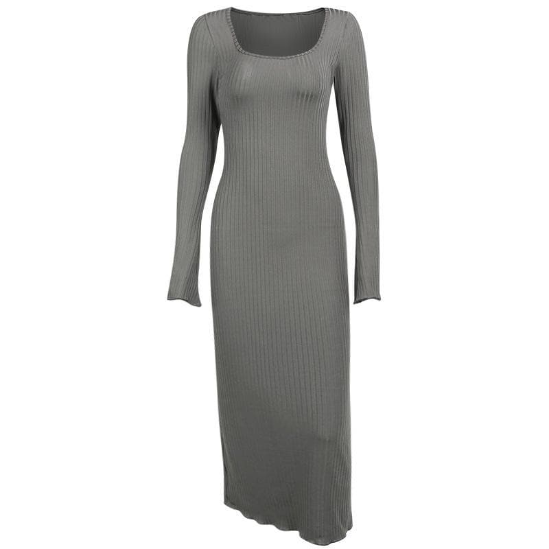 Square Neck Ribbed Knit Flared Sleeve Ruffle Mini Dress