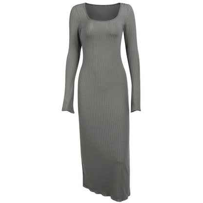 Square Neck Ribbed Knit Flared Sleeve Ruffle Mini Dress