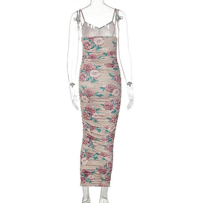 V-Neck Spaghetti Strap Floral Print Ruched Bodycon Midi Dress