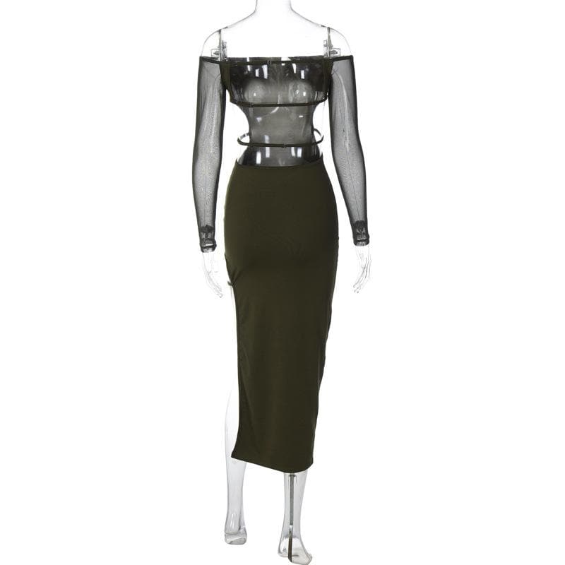 Off Shoulder Long Sleeve Mesh Waist Cutout High Slit Bodycon Maxi Dress