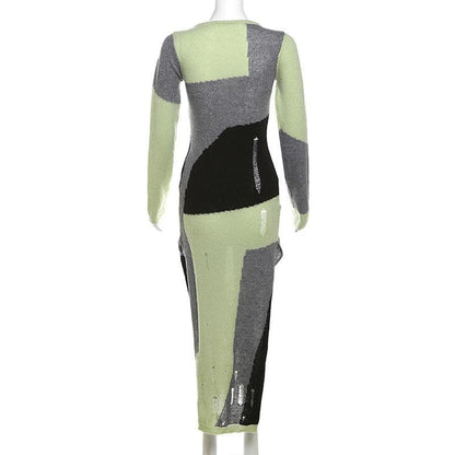Hollow Out Crochet Long Sleeve Contrast Slit Midi Dress