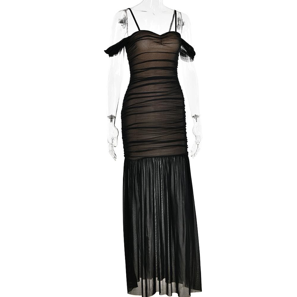 Off-Shoulder Ruched Mesh Contrast Panel Mermaid Hem Maxi Dress
