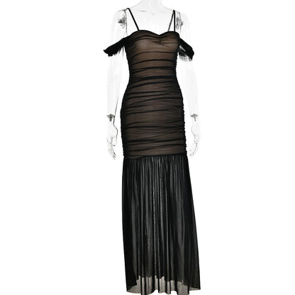 Off-Shoulder Ruched Mesh Contrast Panel Mermaid Hem Maxi Dress