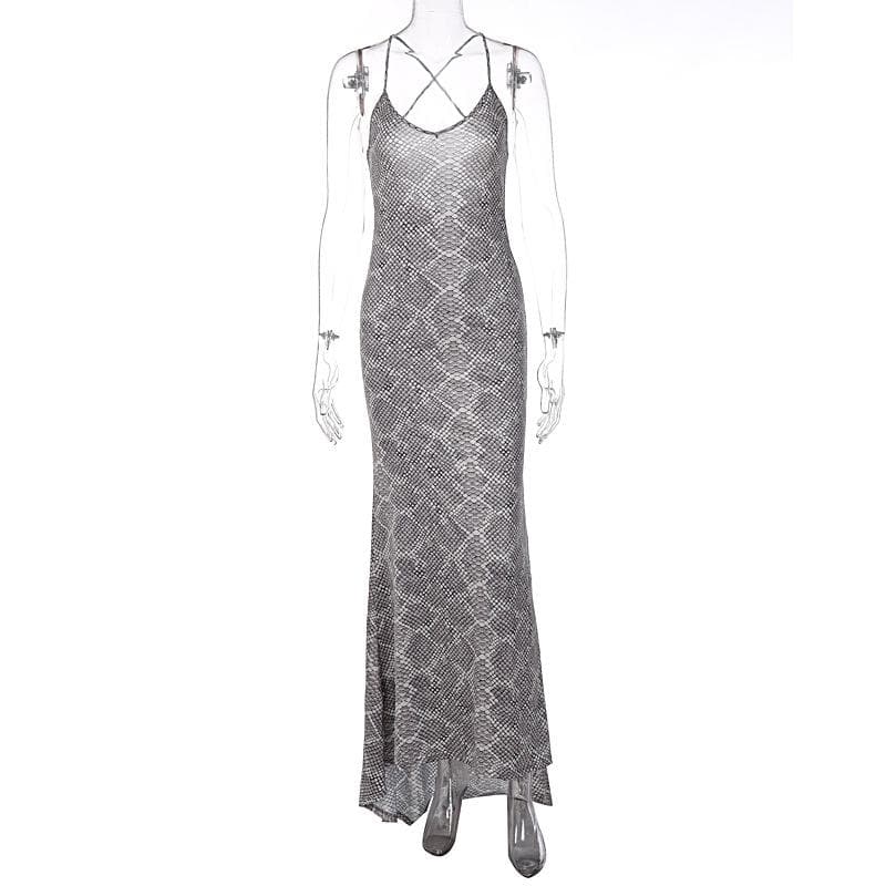 Snakeskin Print Spaghetti Strap Cross Back Deep V Neck Maxi Dress