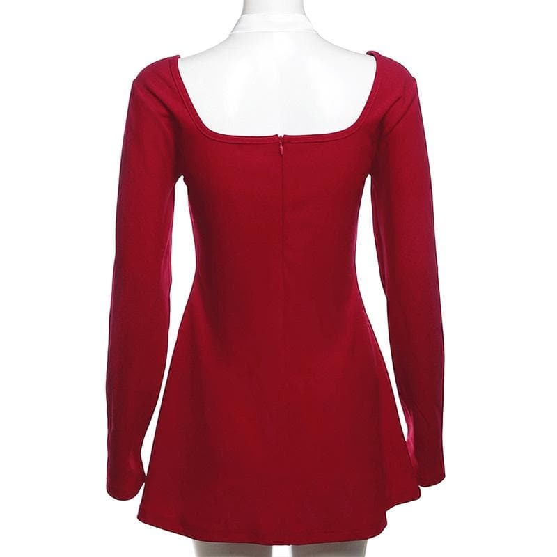 Square Neck Long Sleeve Buckle Bow Contrast Panel Mini Dress