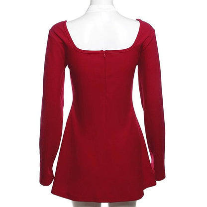 Square Neck Long Sleeve Buckle Bow Contrast Panel Mini Dress