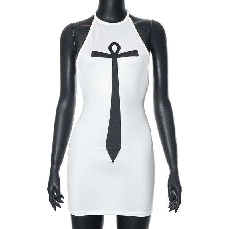 Halter Abstract Cross Tie Graphic Bodycon Mini Dress