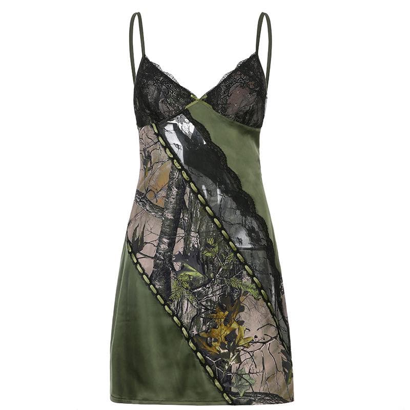 Lace Panel Ribbon Lace-Up Woodland Print Spaghetti Strap Cami Mini Dress