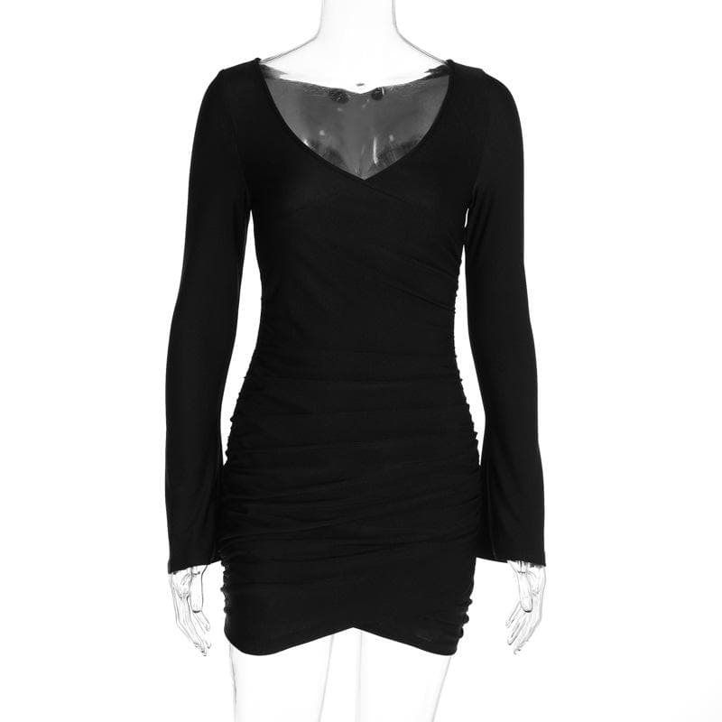 Off Shoulder Cross Front Ruched Long Sleeve Mini Dress