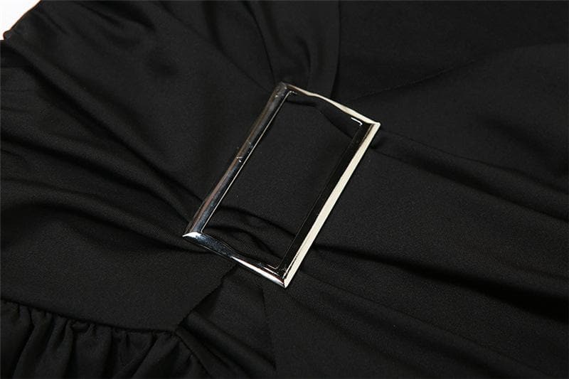 One Shoulder Mesh Bodice Metal Buckle Ruched Low Rise Ruffle Hem Mini Dress