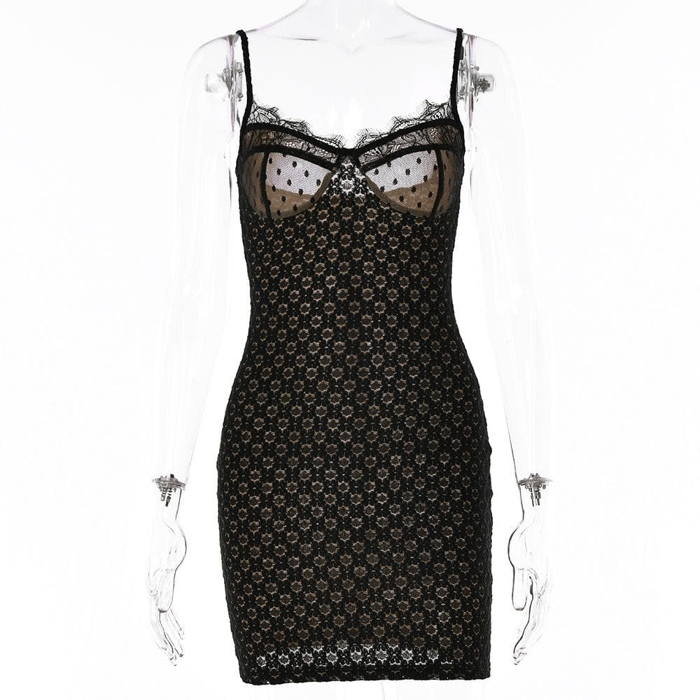 Sweetheart Lace Trim Polka Dot Mesh Bust Eyelet Lace Cami Mini Dress