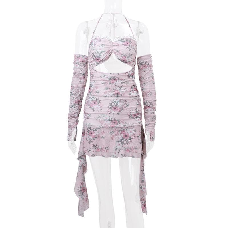 Halter Floral Print Lace Trim Midriff Cutout Ruffle Hem Mini Dress and Lace Arm Sleeves Set
