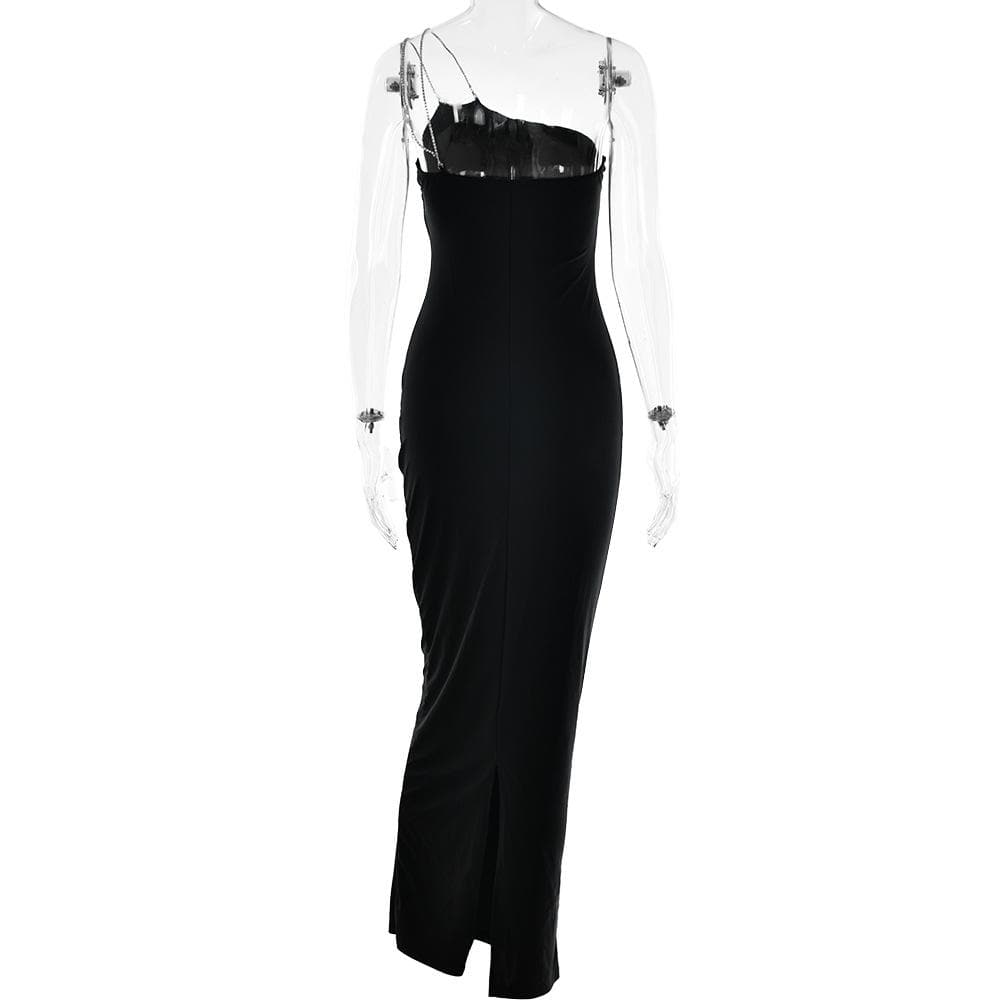 One-Shoulder Chain Strap High Slit Bodycon Maxi Dress