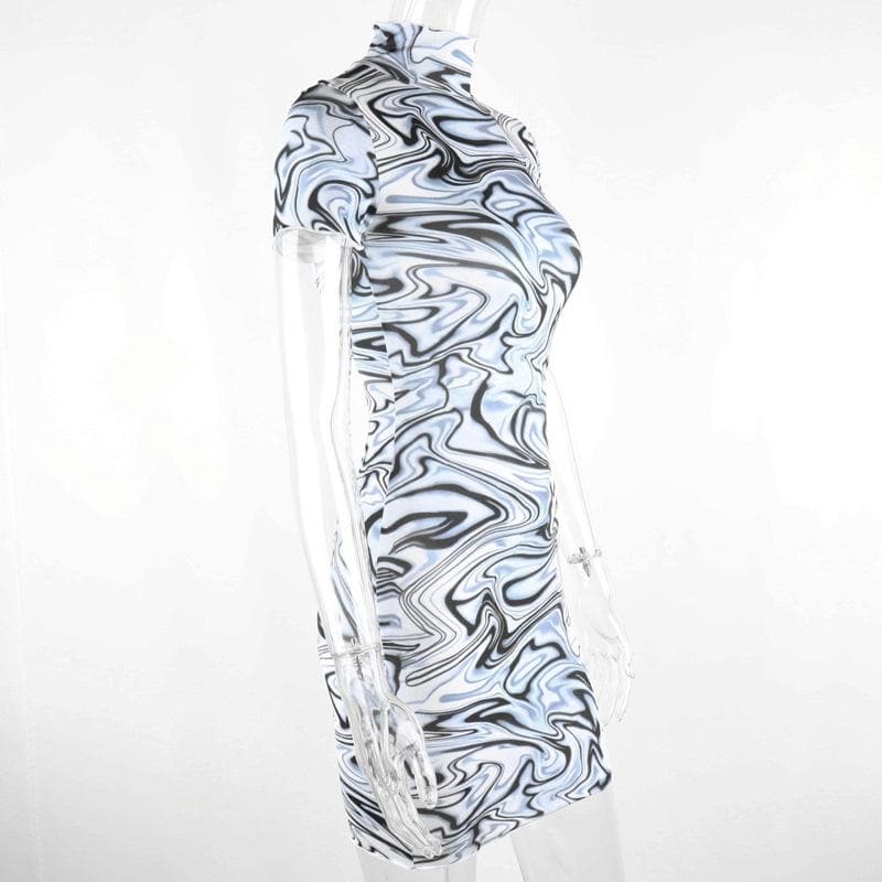Mock Neck Short Sleeve Marble Print Bodycon Mini Dress