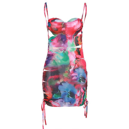 Floral Print Drawstring Waist Cutout Cami Mini Dress