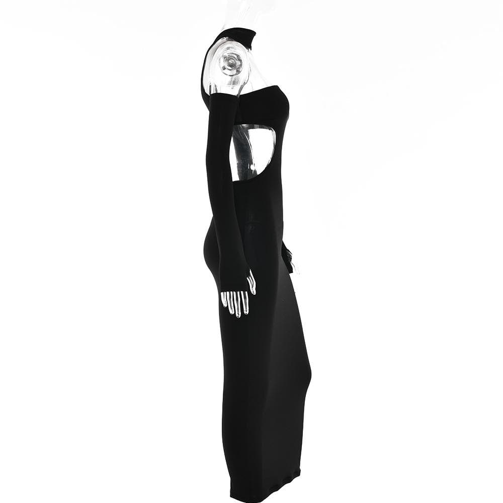 Halter Choker Waist Cutout Mesh Panel Thumbhole Sleeve Maxi Dress Set