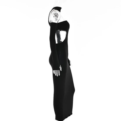 Halter Choker Waist Cutout Mesh Panel Thumbhole Sleeve Maxi Dress Set