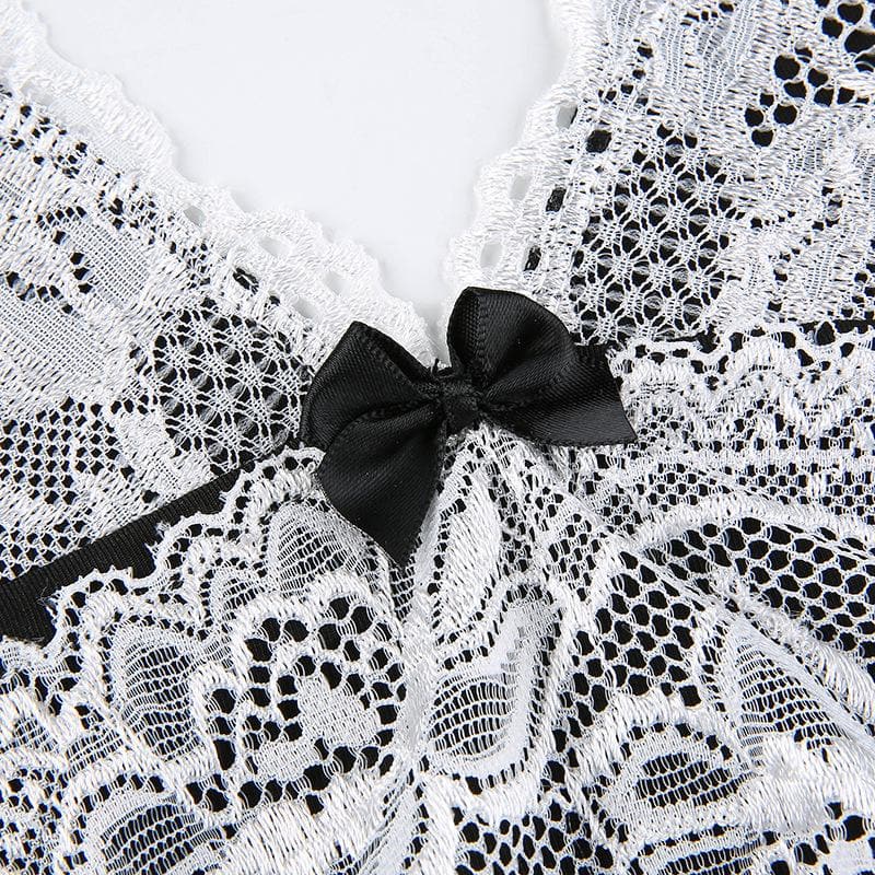 Lace Bow V Neck Cami Floral Embroidery Empire Waist Mini Dress
