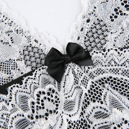 Lace Bow V Neck Cami Floral Embroidery Empire Waist Mini Dress