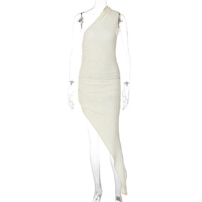 One Shoulder Popcorn Texture Asymmetric Hem High Slit Maxi Dress