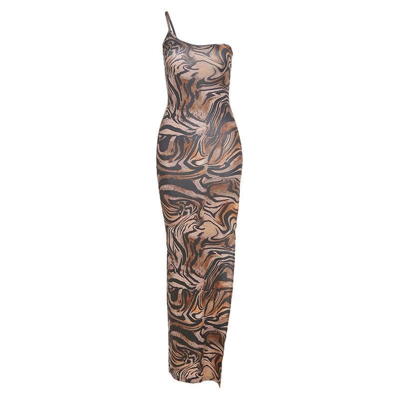 One-Shoulder Spaghetti Strap Abstract Swirl Print Bodycon Maxi Dress