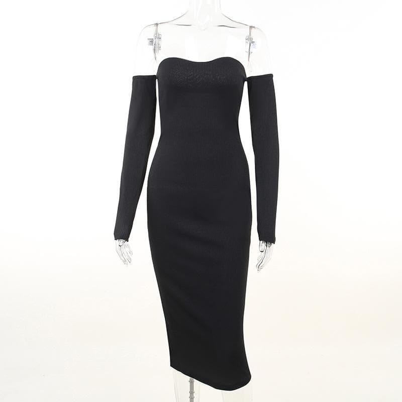 Ribbed Knit Off Shoulder Tube Thumbhole Sleeve Bodycon Maxi Dress