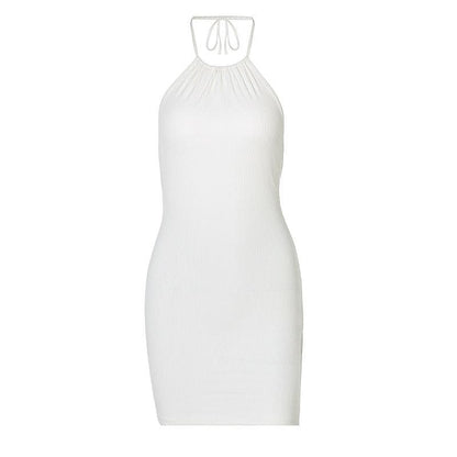 Ribbed Halter Neck Ruched Backless Drawstring Mini Dress